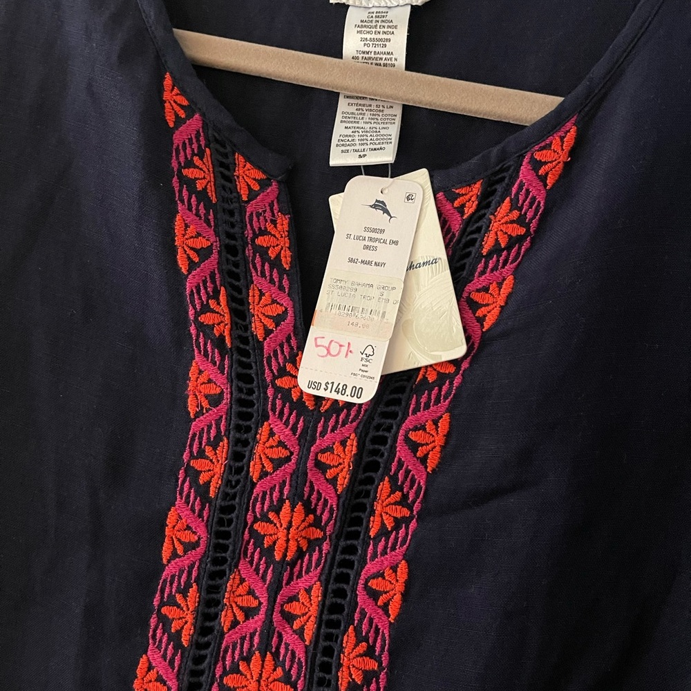 NWT Tommy Bahama Navy Tunic dress with Red and Pink Embroidery - Picture 4 of 9